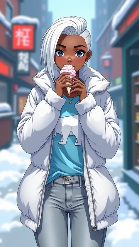 I want a handsome black woman teenager in anime style he has beautiful white hair that is slicked back and shaved on both sides he has beautiful black eyes he is wearing a white winter jacket a light blue shirt with a drawing of a polar bear he is eating a...