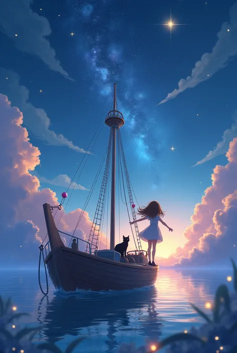 For this scene in the "Dreamland," You could represent Linda and Melody sailing on a magical ship floating on a sky full of bright stars.. Boat, instead of water, I would be sailing a celestial ocean, where the stars twinkle like little fireflies around th...