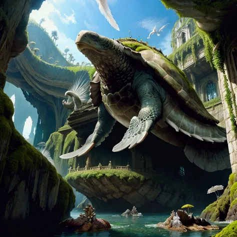 enormous, fantastical creature that resembles a giant moss-covered sea turtle, but on a massive scale, serving as a living airship. Its body is covered in soft, white feathers, and its head is adorned with elegant feather ridges that sweep backward. The cr...