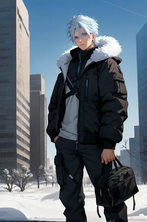 20-year-old male character with a human appearance who is a human. He has white hair styled neatly and icy blue eyes that subtly glow. Standing at 62" with a lean and athletic build, he dresses in a winter jacket with fur around the hood he also wears carg...