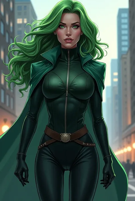 full view of a woman resembling Marvels Comics Polaris/Lorna Dane, with long greenish hair, wearing dark clothes, standing, concentrated, in the city illuminated by the silver light of day, looking ahead with determination, HQ ART Marvel Comics
