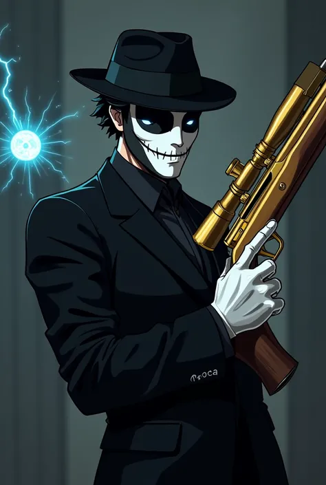 a man wearing a black suit with a gold sniper rifle and a fedora hat, wearing a white mask without a nose and more rounded, with a long, black smile, with the mask&#39;s eyes black but with a blue light in the right eye. This man wears white gloves, where ...