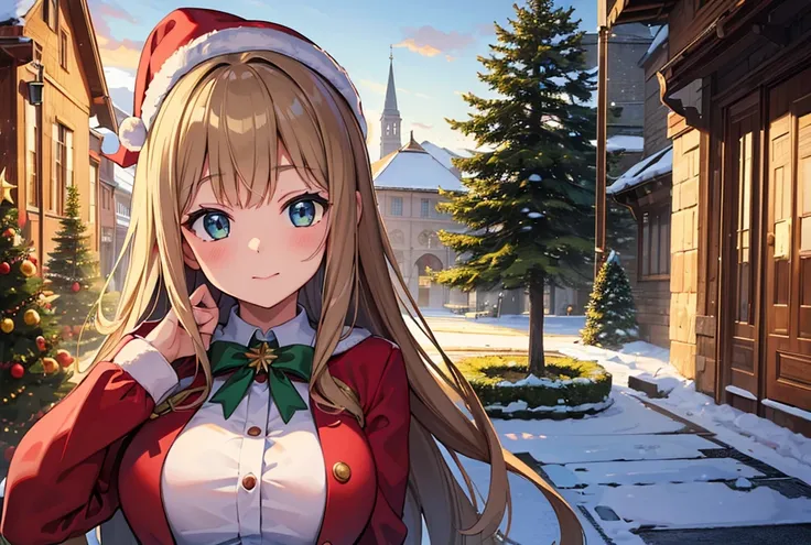 ((masterpiece, best quality, extremely detailed, absurdres)),High school girls, front,  face, upper body, in Santa Claus　uniform,landscape　snow daytime　Christmas tree anime illustration,Medium breast