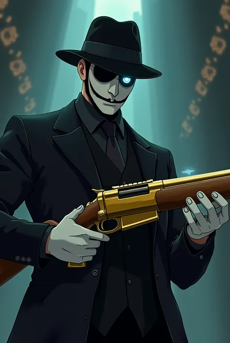 a man wearing a black suit with a gold sniper rifle and a fedora hat, wearing a white mask without a nose and more rounded, with a long, black smile, with the mask&#39;s eyes black but with a blue light in the right eye. This man wears white gloves, where ...