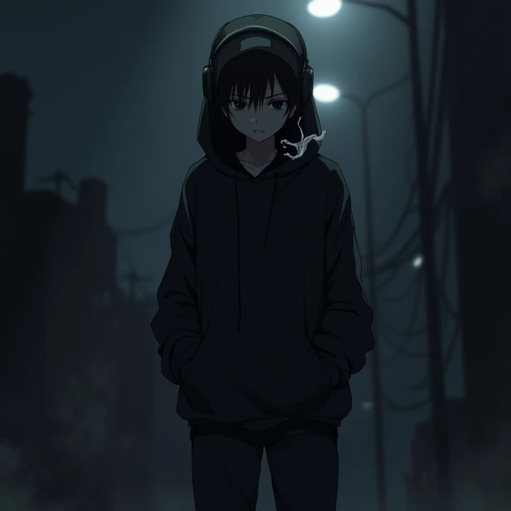 An anime character with black hood and black eyes wearing a black oversized hoodie with black headphones smoking,with a tall sad face and wearing black sweatpants at night