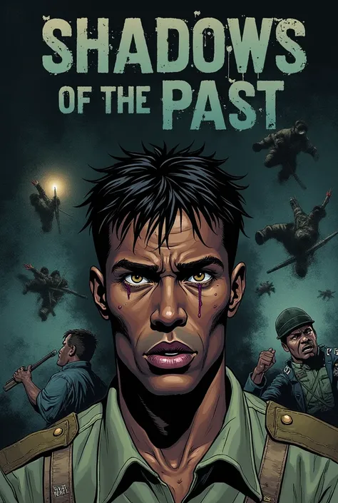 A cover for a comic book, where the character Logan, a black soldier with a military haircut and light brown eyes, wakes up abruptly from a nightmare, sweat dripping, expression of terror and confusion. The scene around mixes reality and delirium: dark sha...