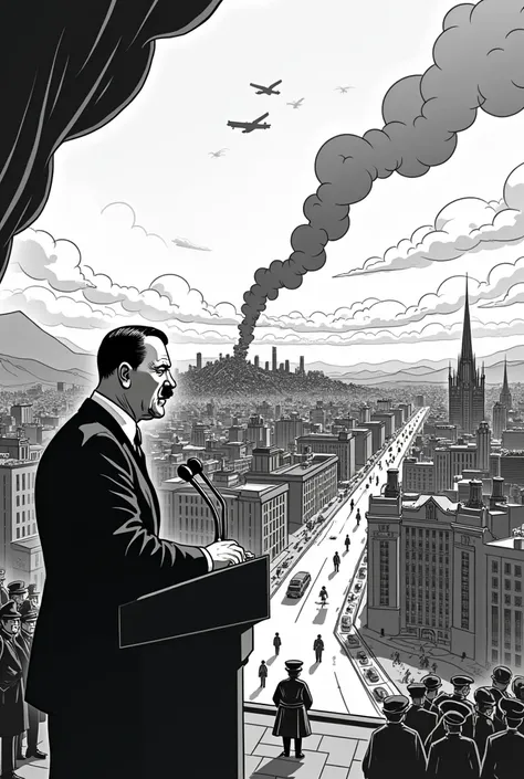 Black and white WWII cartoon.
Where you see Hitler giving a speech where you see a city in front of him but behind him you see a desolate and apocalyptic landscape while he is on the side.