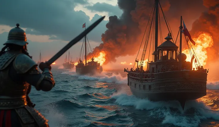 a fierce naval battle between sriwijayan warships and invading forces, warriors in ornate malay armor swinging swords, flames and cannon fire illuminating the night, epic movie atmosphere, highly detailed, cinematic lighting, dramatic colors, masterpiece, ...