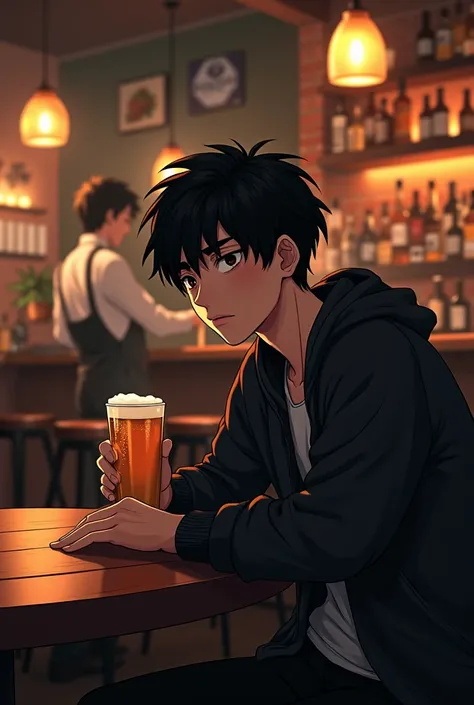 A black-haired boy drinking a glass of beer at a table in a bar in front of the barista