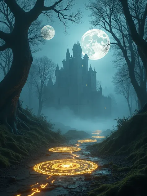 "Create a mystical forest with ethereal light, an ancient castle in the distance surrounded by magical energies, and glowing runes on the ground. Two moons reflect in the sky, with The Echoing Realm in glowing letters, evoking both danger and beauty."