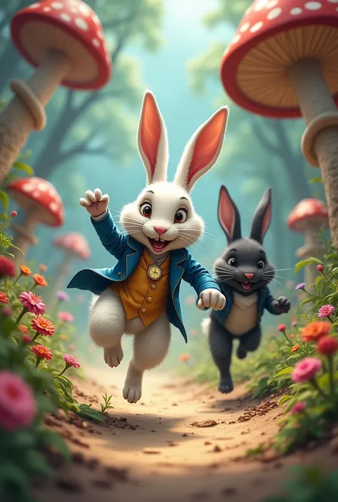 The white rabbit is winning the race with the black rabbit.