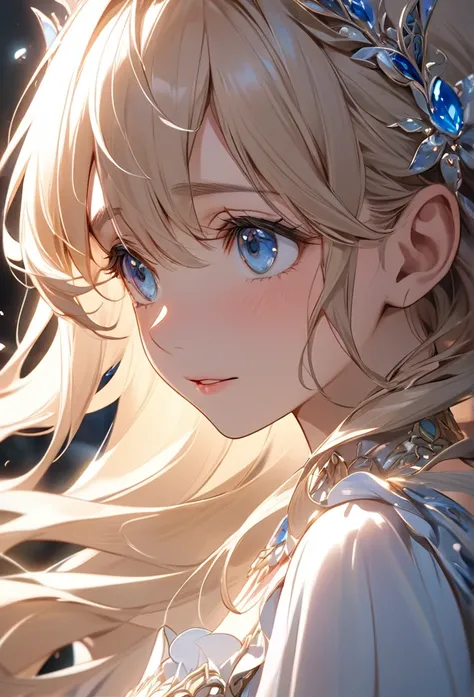 Upper body close-up（((masterpiece), on)"An illustration of Cinderella from the fairy tale, focusing on her facial expression. Capture the moment of mixed hope and a hint of anxiety with delicate detail. Her large eyes glisten with a tear reflecting the lig...