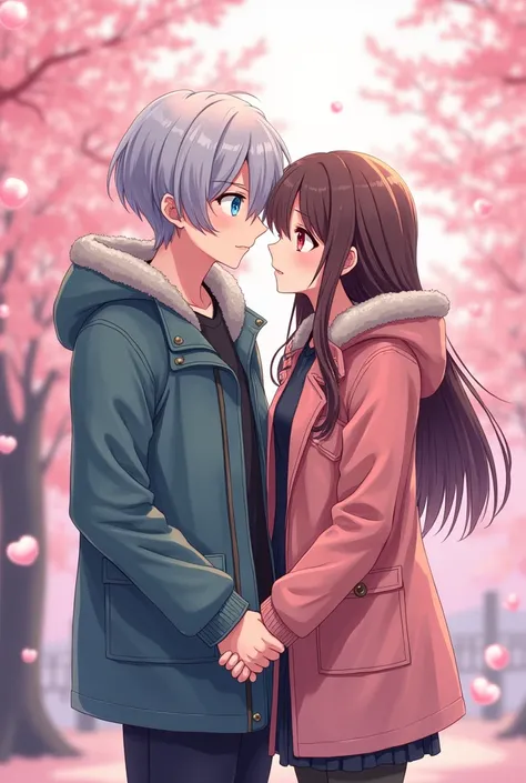 Couple。Men have grey bob hair、Odd Eye、Left eye is blue、Right eye is red。Women have long hair with bangs、Brown Hair、Brown eyes。Dress code: Parker。whole body。Holding hands。Anime Style。cherry blossoms。