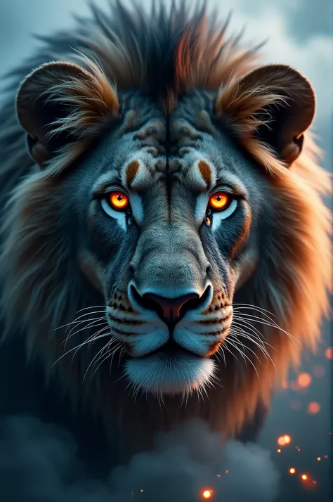  "Create a close-up image of a lion&#39;s face, with bright orange eyes that stand out against his dark coat. Surround the lion with white mist and glowing, ethereal lighting to create a mystical atmosphere.. Add electric bolts crackling around the edges o...