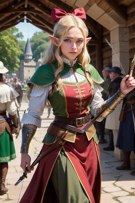 An elf, friendly looking blonde woman, who wears brown and green clothes, de capuz, she has blue eyes, and walks with a bow and arrows, medieval times, she has a kind appearance, 