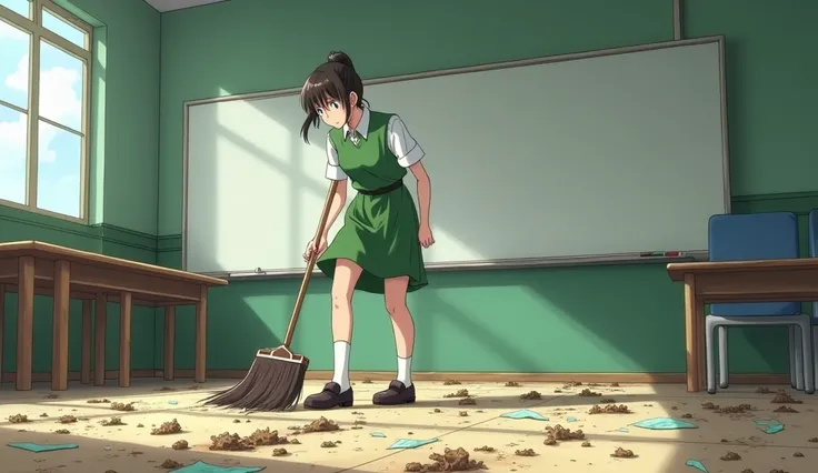 Anime : A woman wearing green clothes sweeping the floor, mud scattered, broken glass, classroom, whiteboard 