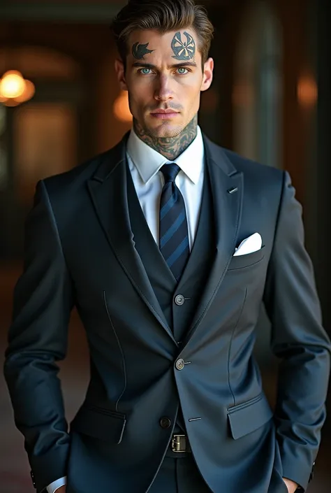 man, with blue eyes, tattooed, formally dressed 