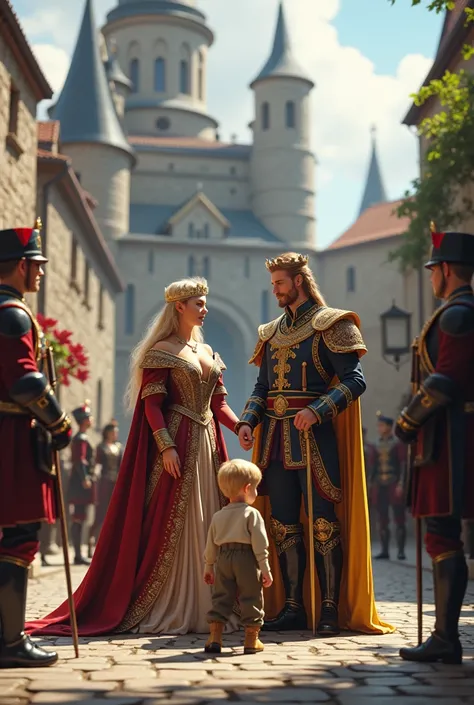 A beautiful queen woman and a handsome king standing in front of a beautiful blond boy in a medieval town square in front of a castle surrounded by soldiers 