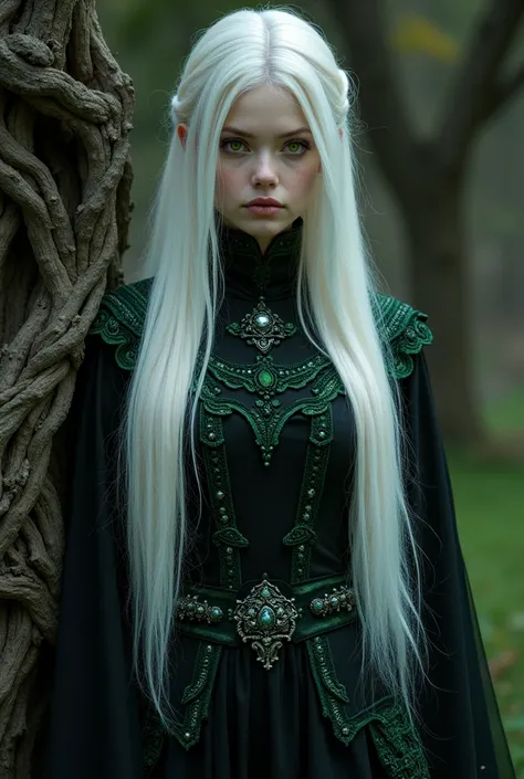 Albino woman with heterochromia. One green eye and one yellow eye. Black medieval dress with dark green details. white and black hair. Long hair below the hips. Standing next to a tree. eleven. Warrior Witch. high resolution image. High definition image. r...