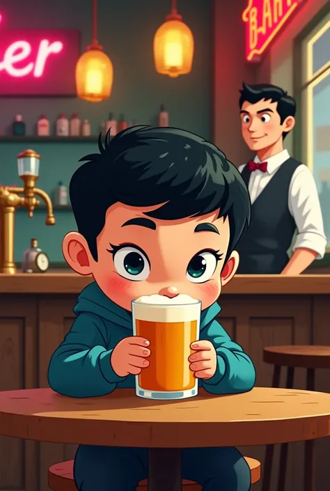 A black haired boy drinking a glass of beer at a table in a bar in front of the barista in cartoon style