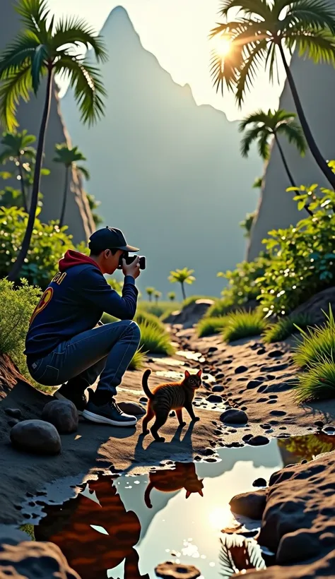 "A 1 Indonesian youth, wearing a sideways baseball cap, a FC Barcelona jacket, blue jeans, and black sneakers, is crouching and holding a digital camera, aiming at his surroundings. In front of him, there’s a mound of rocky soil with a cat walking on top o...