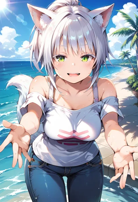 score_9, score_8_up, score_7_up, source_anime, masterpiece, absurdres, perfect face, solo cute expression, perfect face, 1girl, solo, white hair, animal ears, (white eyeliner) ,(green eyes), (white eyeshadow), (white eyelashes), FujisakaLP, bangs, long hai...