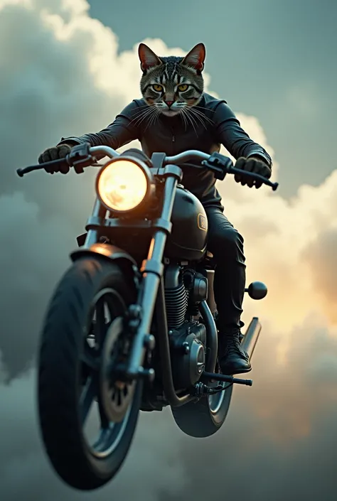 create me an anthropomorphic cat on a motorcycle, in the sky clouds, speed, dark, cinematic, 8k