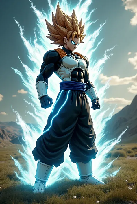 Supreme Super Saiyan, tall hair, brown hair, black and white clothing, clothing with blue lines, DBZM Dragon Ball, stunning aura, lots of action, black clothes with gray, lots of Ki energy, grass background, robotic