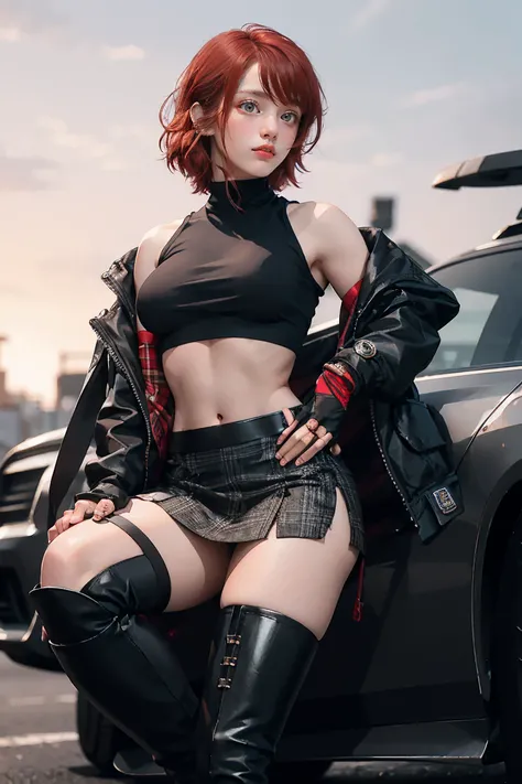 woman, Curly Red Pixie Cut Hair, Green Eyes, Wearing a black crop top shirt, Long black jacket, Red Check Skirt, (Black knee-high boots), Black fingerless gloves, Exposed shoulders, (whole body), Big breasts Freckles, Clevis, Abdominal muscles, View your v...