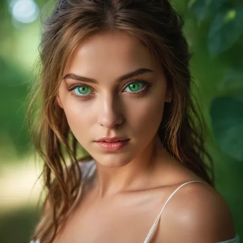 Best Quality, Masterpiece, Ultra High Resolution, (Realisticity: 1.4), Original Photo, 1Girl, Green Eyes, Off-the-Shoulders, Cinematic Lighting