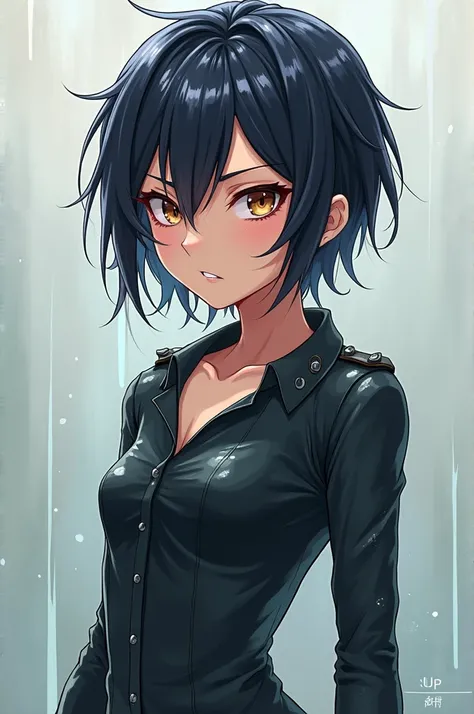 an anime character, with wet clothes and a sneaky face
