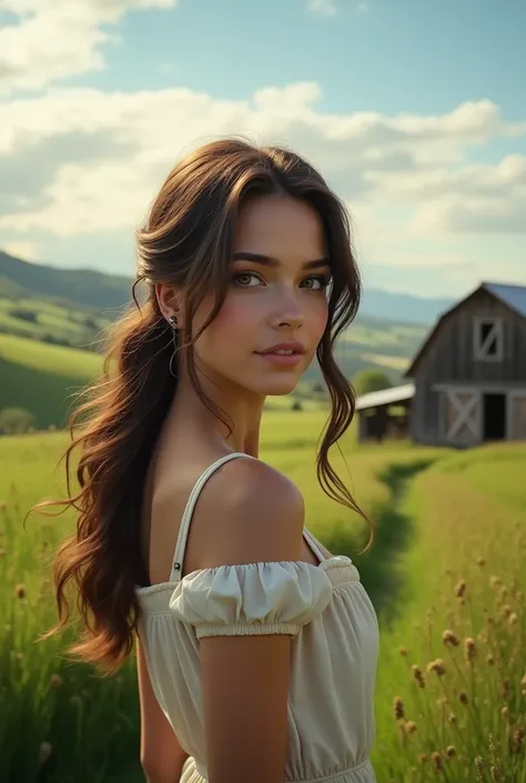 Can you generate me an image of one of the youngest sisters?, a beautiful  with dark eyes and brown hair, decided to go to the farm But don&#39;t make it anime