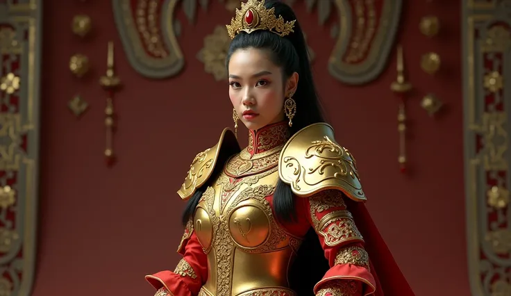 Dian Sastro (Indonesian female artist 20 years old), wearing elegant gold and red armor with Nusantara batik motif accents on the arms, shoulder, and feet, equipped with modern textured light armor that provides protection but remains flexible, and a tradi...