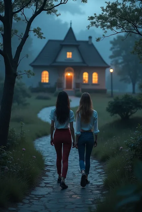 a house in a small town , Pretty and mysterious illuminated by a path at night and 2 1 girls but with aesthetic pants and blouse ,  the house is far away , One girl is brunette and the other is white walking towards her . The image must be super realistic ...