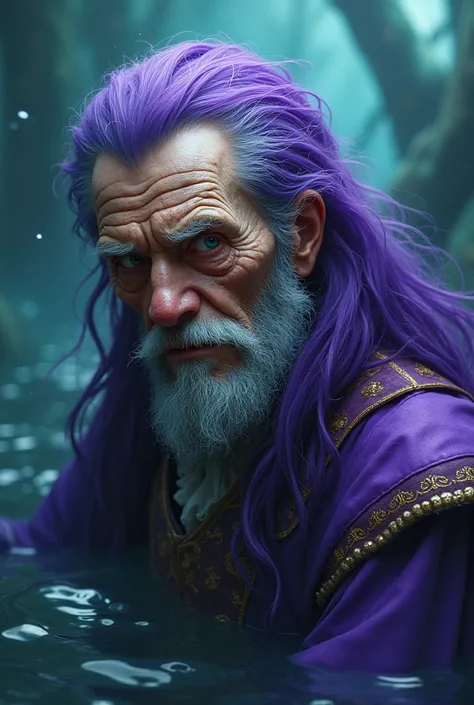 man, The face is wrinkled and pale., Purple hair, Wearing a purple medieval European costume, Living in the toxic sea, Manga drawing style, realistic 2.5D