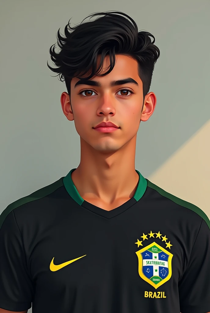  teenager with medium dark brown hair, wavy low fade hair, black hair, man with Brazil team shirt 