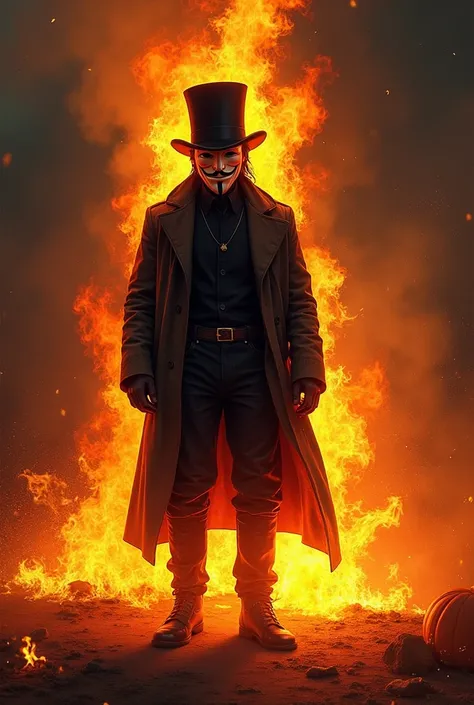 Guy fawkes flames with top hat without mask 