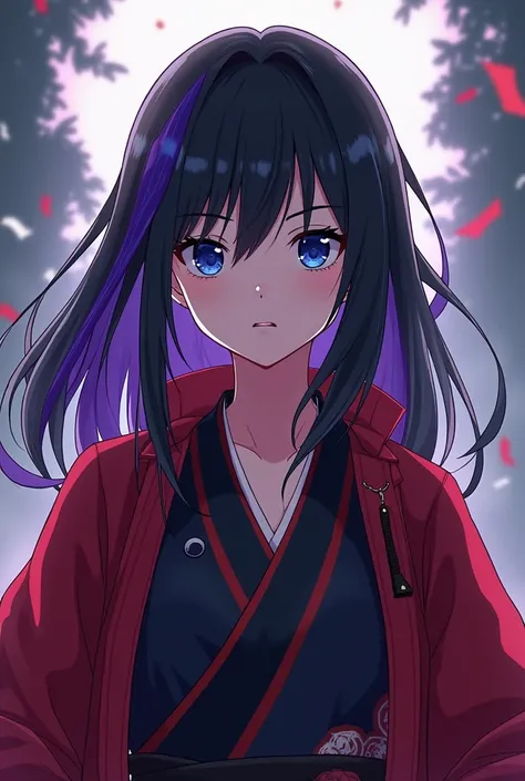 kimetsu no yaiba 1 girl black hair with a purple streak on the left side, medium hair,  Blue eyes,  hunter costume with a red and black haori with mid-length breasts 