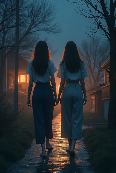 a house in a small town , Pretty and mysterious illuminated by a path at night and 2 1 girls but with pants and blouse aesthetic but elegant , clothes not too tight  , the house is far away , One girl is brunette and the other is white walking towards her ...