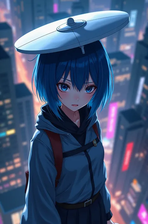 You can create an image of a woman with medium blue hair that reaches her shoulders., black eyes slanted with Japanese features, series, wearing sukuna manga clothes, with a white rudder on top of her head, on top of a building in the middle of the city at...