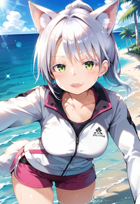 score_9, score_8_up, score_7_up, source_anime, masterpiece, absurdres, perfect face, solo cute expression, perfect face, 1girl, solo, white hair, animal ears, (white eyeliner) ,(green eyes), (white eyeshadow), (white eyelashes), FujisakaLP, bangs, long hai...