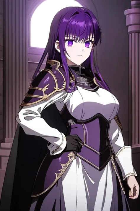 masterpiece, best quality,
(night, darkness)
 medea solon, purple eyes, purple hair
1girl,solo,
knight armor, heavy armor, cape
standing,