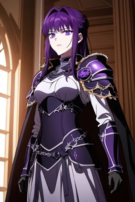 masterpiece, best quality,
(night, darkness)
 medea solon, purple eyes, purple hair
1girl,solo,
knight armor, heavy armor, cape
...