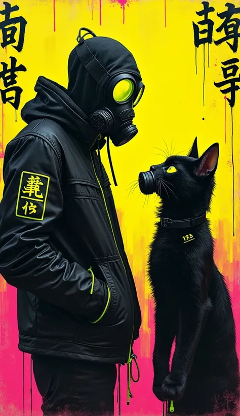 A striking conceptual painting that transports viewers to a futuristic, harsh, and visually impressive cyberpunk world. The main subject is a mysterious figure in profile, wearing a black gas mask with yellow inserts and a black leather jacket adorned with...