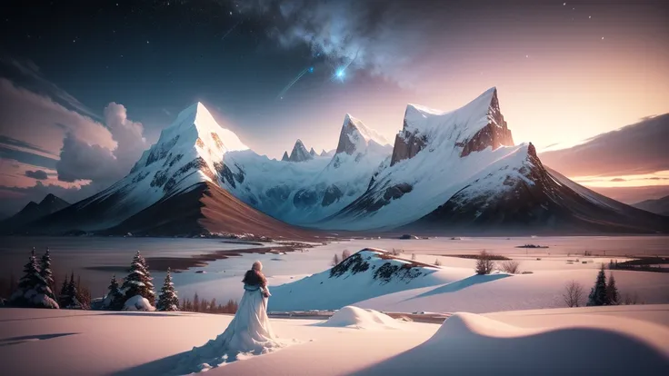 Create a breathtaking frozen tundra scene, showcasing a vast, snow-covered landscape stretching into the horizon. The terrain should feature icy plains and jagged, frost-covered mountains in the distance, with frozen lakes reflecting the soft blue and purp...