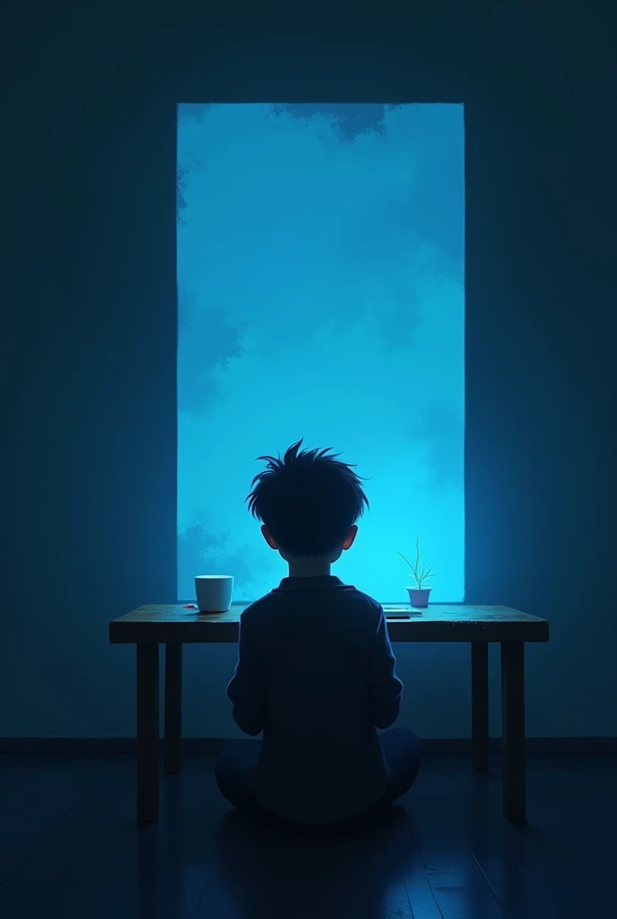 shadow of a boy sitting on a chair looking at a blue poster on a table using a computer