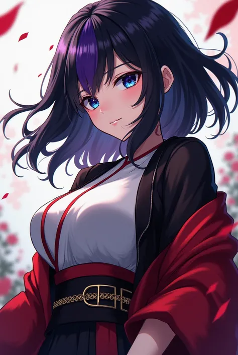 kimetsu no yaiba 1 girl black hair with a purple streak on the left side, medium hair,  Blue eyes,  hunter costume with a red and black haori with large breasts 