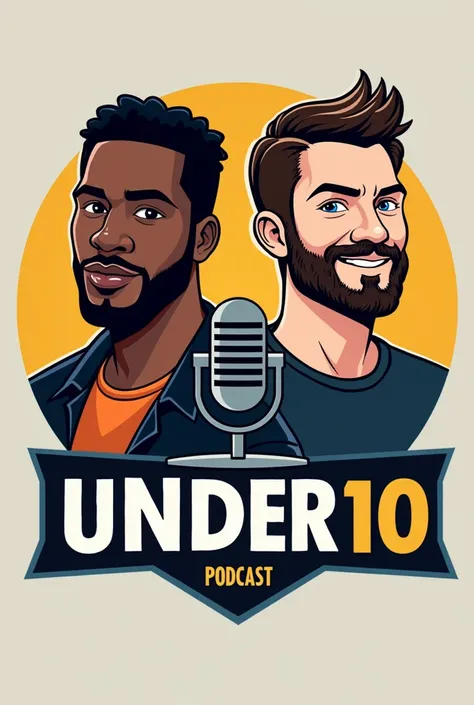 Create a logo for a podcast called: UNDER10. Containing both hosters, Two 20 year old men, a black man and a chubby white man with a mustache and goatee, put a picture of a mic too
