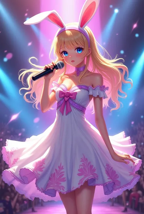 Create an anime idol, with blonde hair and pink highlights, blue eyes and white dress with pink and purple details. do it full body, holding a microphone and doing some pose. Make her with bunny ears.