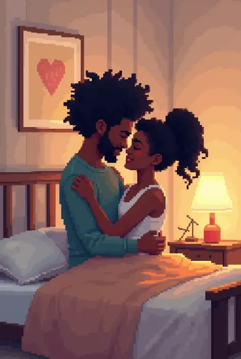 Create an 8bit image of a very loving black couple in a bedroom 


